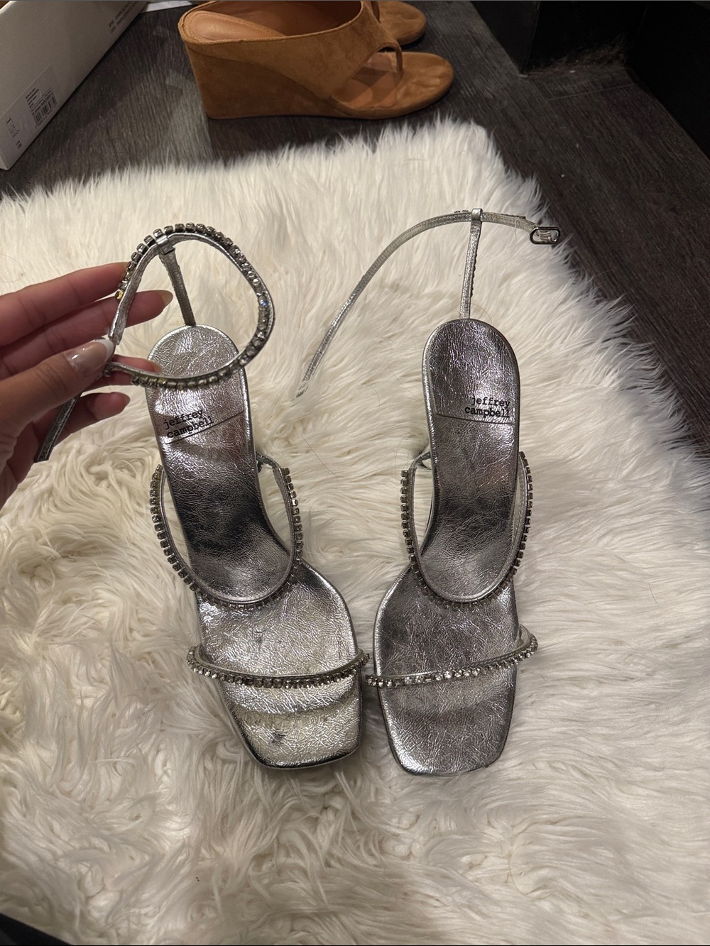 Jeffrey Campbell Silver Rhinestone-Strap Square-Toe Sandals